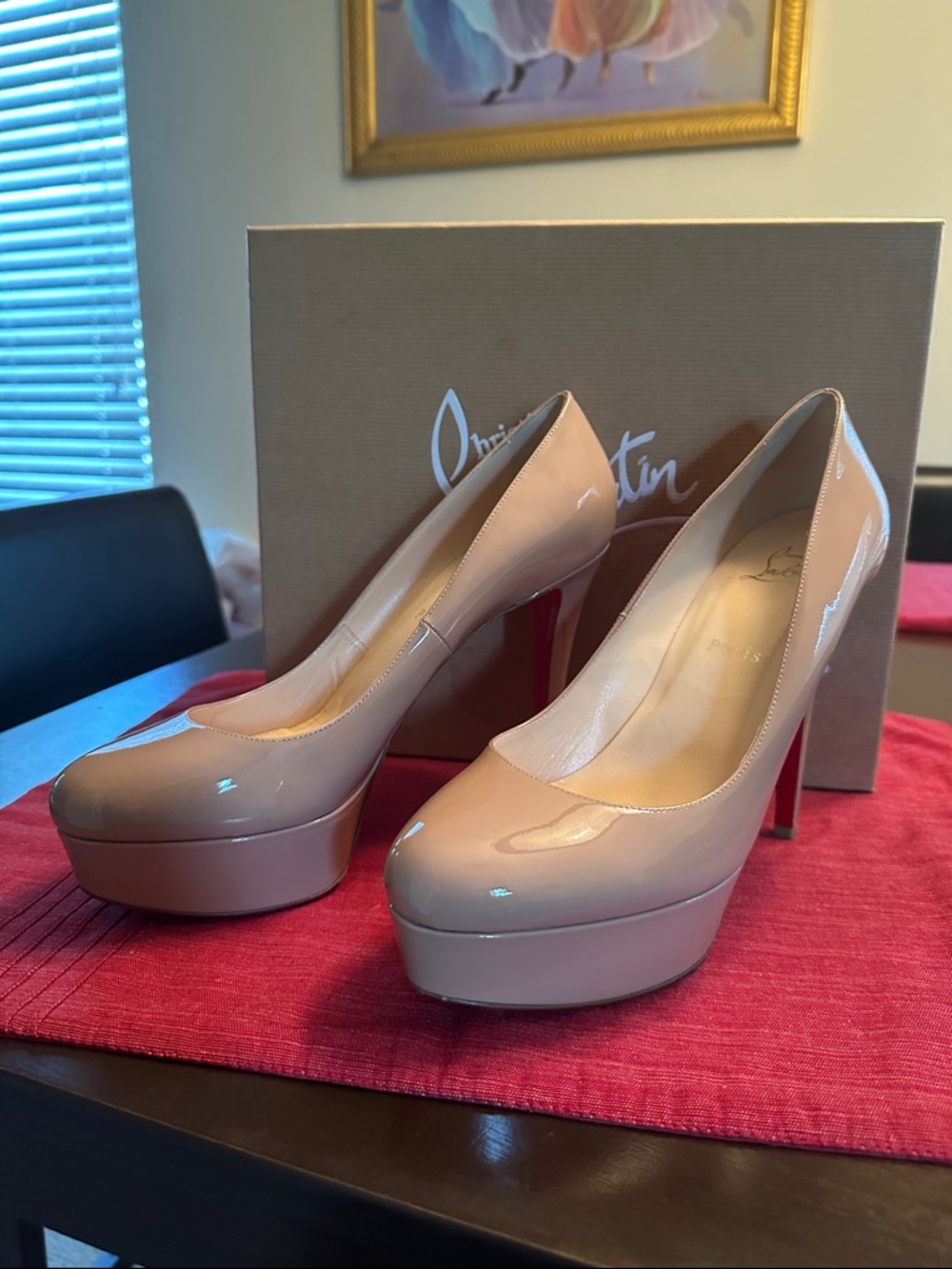 Christian Louboutin Beige Patent Leather Platform Pumps with Red Sole